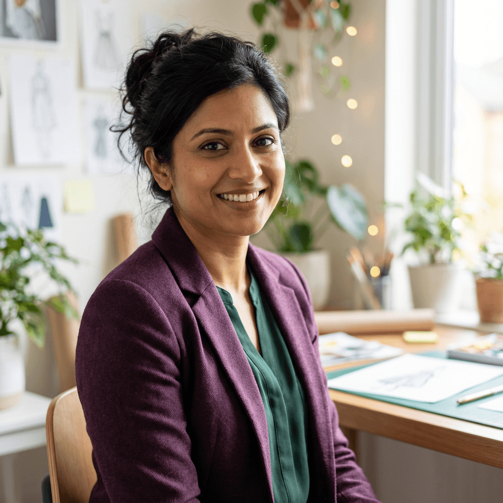 Priya Raman, a Toronto therapy client, with a composed and warm presence