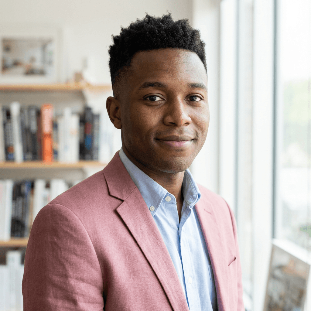 Male therapist in his 40s, Black, confident and compassionate, standing in a bright therapy office