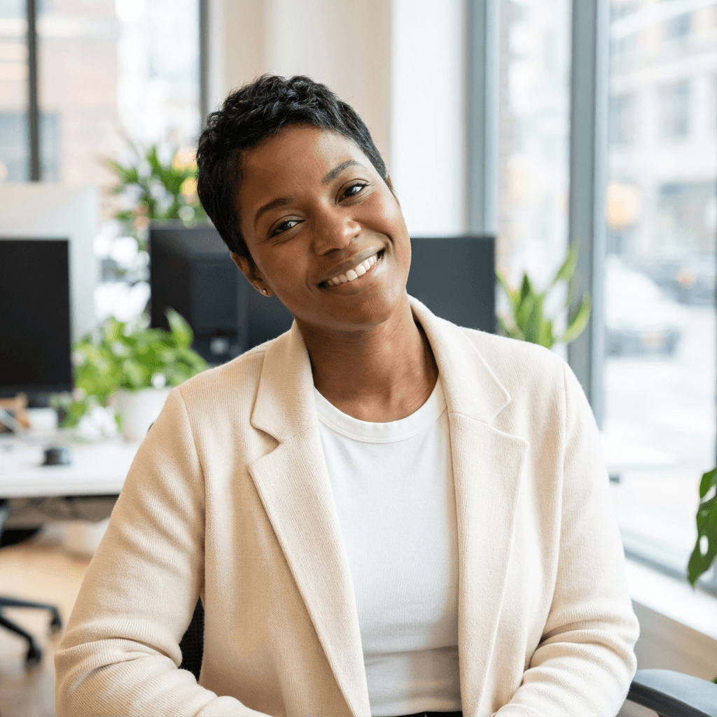 Amara Osei, a Toronto therapy client, with a calm and reflective expression