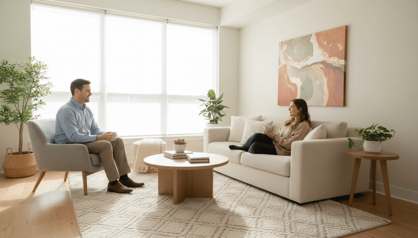 A therapist's office in Toronto with a comfortable couch and soft natural light