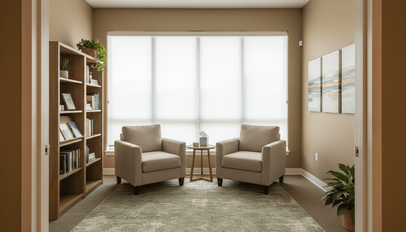 Comfortable therapy office in Toronto with natural light and welcoming atmosphere