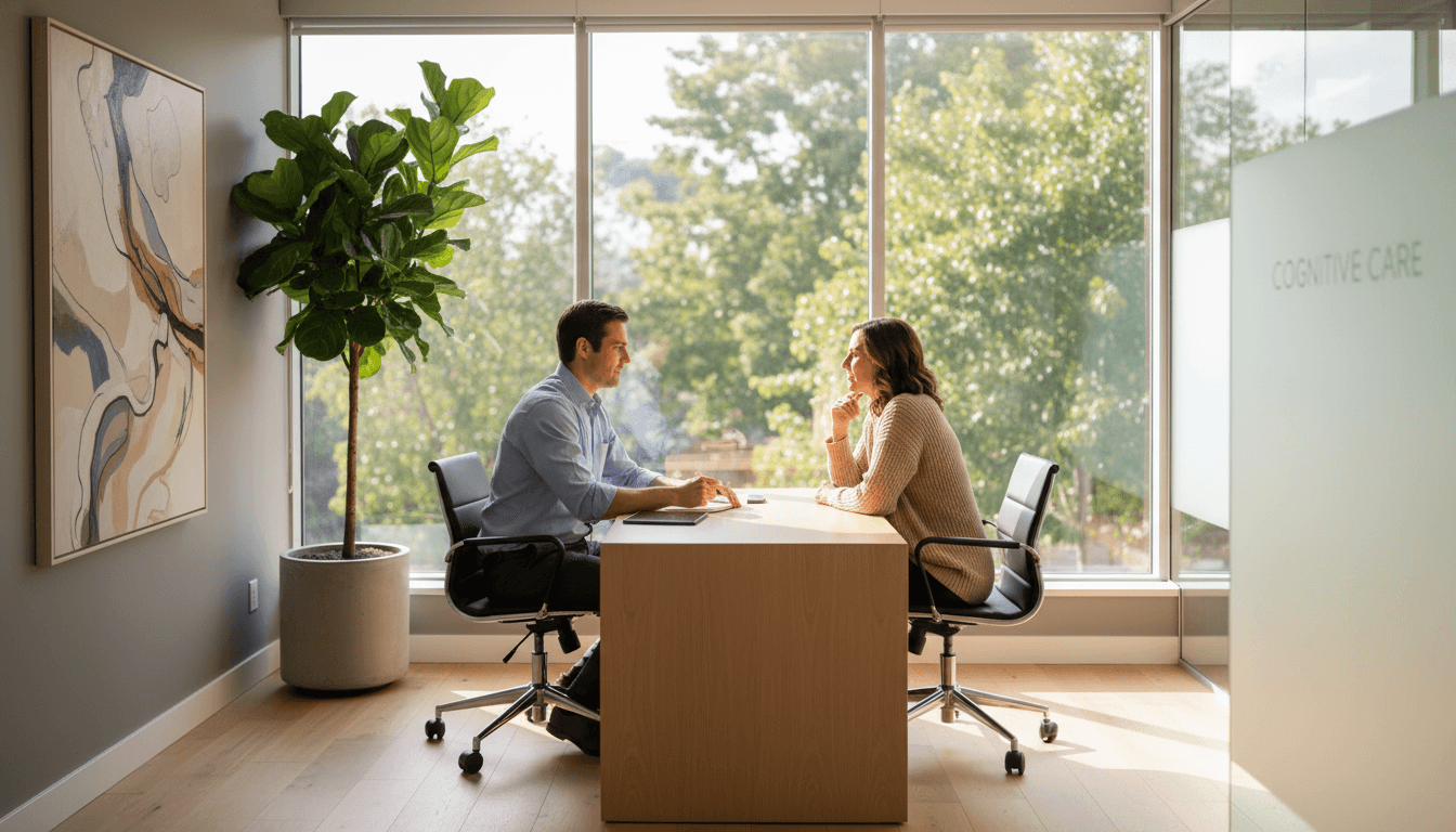 Therapist in a bright modern office speaking with a client seated on a couch